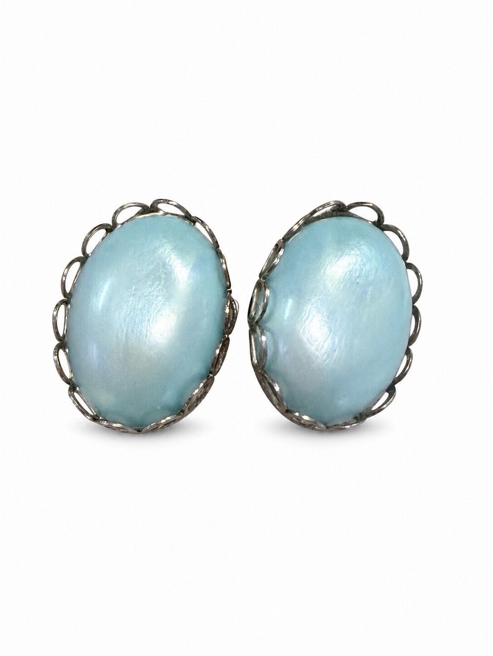 Vintage Aqua Blue Oval Cabochon Screw Back Clip On Earrings Silver
